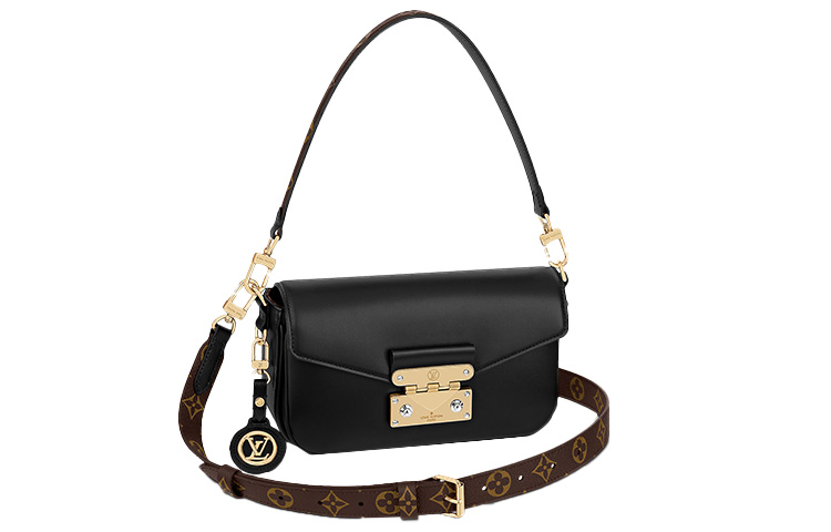 LOUIS VUITTON 송아지 가죽 및 캔버스 소재 트림 숄더 백, 핸드백, 숄더 백 여성 블랙 L24*W6*H15cm